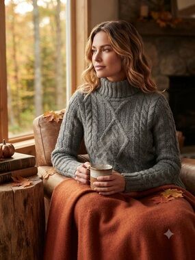 ARAN MOR Polo Neck Cable Sweater 100% Merino Wool made in Ireland Womens M